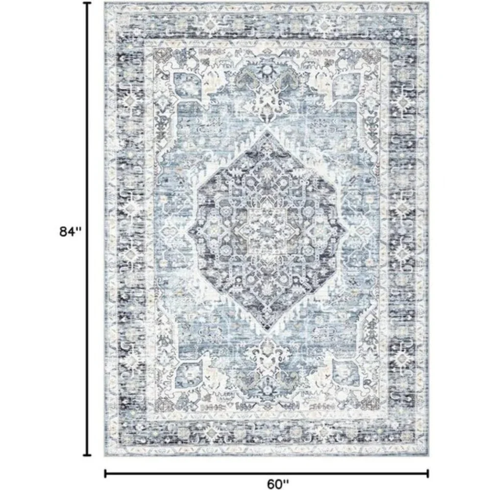 New 5x7 Light Blue Vintage Boho Rug, Washable Soft Low Pile Non-Slip Carpet